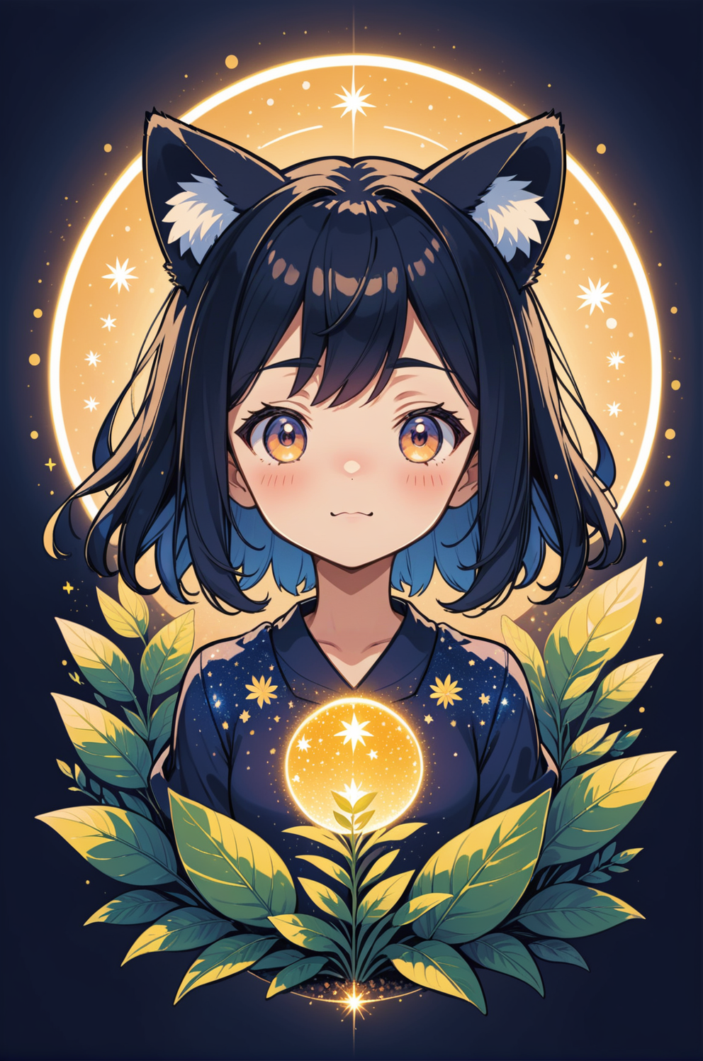 a happy anime girl, logo that says ("Amber Light"), anime, thick outlines, cute style, black hair, plants, sparkles, light...